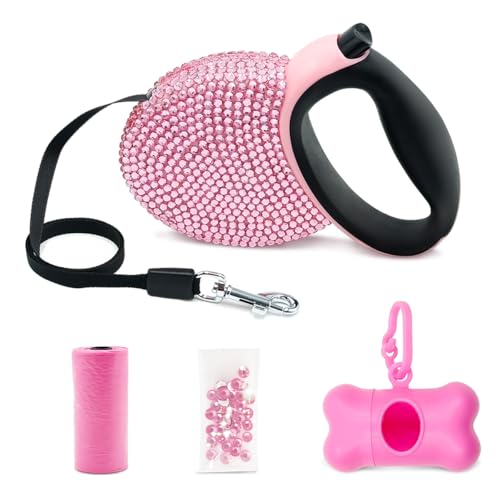 Pink Rhinestone Retractable Dog Leash Bling 10ft, Sparkle Sparkling Pet Cat Leash for Small Breed, Bling Crystal Small Dog Leash Cute, Girl Dog Lead Waste Bags Dispenser Included, 360° Tangl