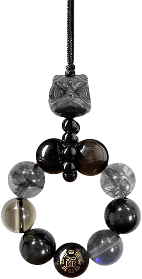 Natural Obsidian Quartz Beaded Keychain – Black Obsidian Healing Stone Pendant with Carved Accent, Lucky Spiritual Charm for Bag Decoration & Key Accessory