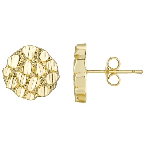 Unisex 14k Gold Plated Nugget Earrings Textured Cookie round Shape Rough Hip Hop Studs for Man And Woman 8mm