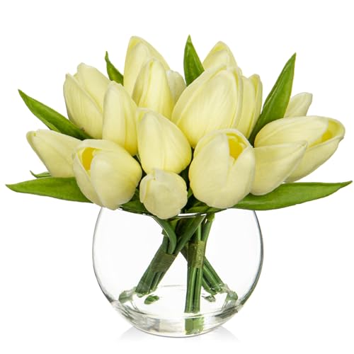 Oairse Juego de 14 flores artificiales en jarrón de cristal con forma de tulipanes de tacto realista, con mini ramo de tulipanes de color crema para el hogar, bodas, centros de mesa, decoración