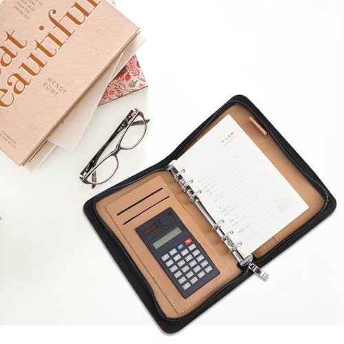 Cuaderno A6 con cremallera, organizador de 6 anillas y calculadora para notas y tarjetas 6