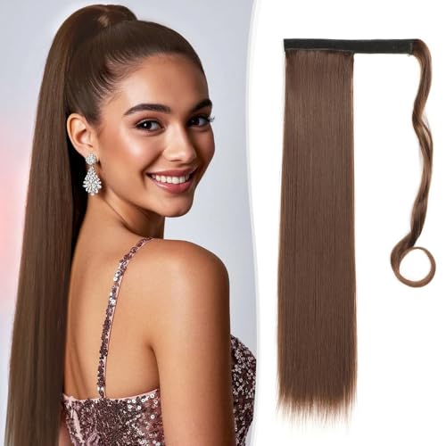 Coleta Postiza de Pelo Natural 55 CM,Ponytail Hair Extension de Pelo,SZMK Extensiones Cola de Caballo Sintético,Coleta Postiza Cabello,Extension Cola de Caballos Liso para Mujeres y Niñas-castaño