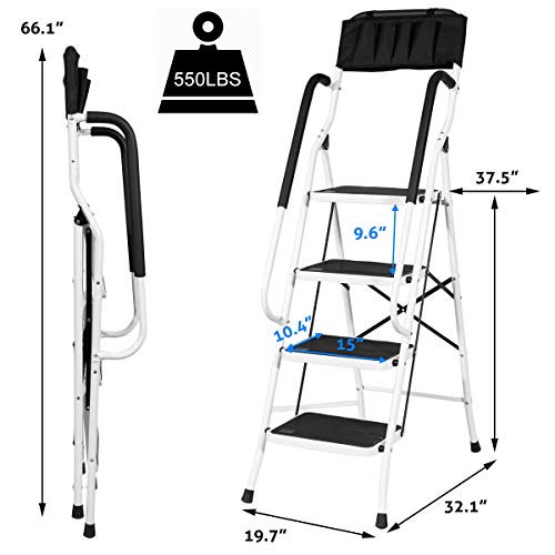 4 Steps Ladder Folding Step Stool Ladder Tool Ladder with Steel with Wide Pedal and Handgrip Non-Slip Sturdy for Household and Office Stepladder with Attachable ToolBag ( MAX 500lbs)