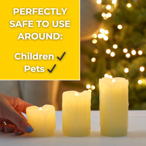 Festive Lights - Set of 3 Cream Real Wax Pillar Candles - Warm White Flickering LED, Dripping Tear Effect, Batteries Included - Indoor Home, Wedding, Event Decor, Flame-Free Authentic Mood Lighting - Image 4