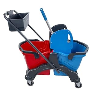 G.I.V. – Reinigungstechnik Doppelfahreimer GIV 2.1, Doppelfahrwagen mit 2X 18 Liter Eimer rot/blau, Putzwagen mit Wischmopp Presse, Reinigungswagen mit Ablagekorb für Gebäudereinigung