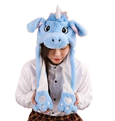 MABES WAREHOUSE Girls Animals Ear Moving Jumping Hats - Plush Rabbit Pinch Airbag Funny Winter Caps, Cute Bunny Fuzzy (Blue Unicorn)