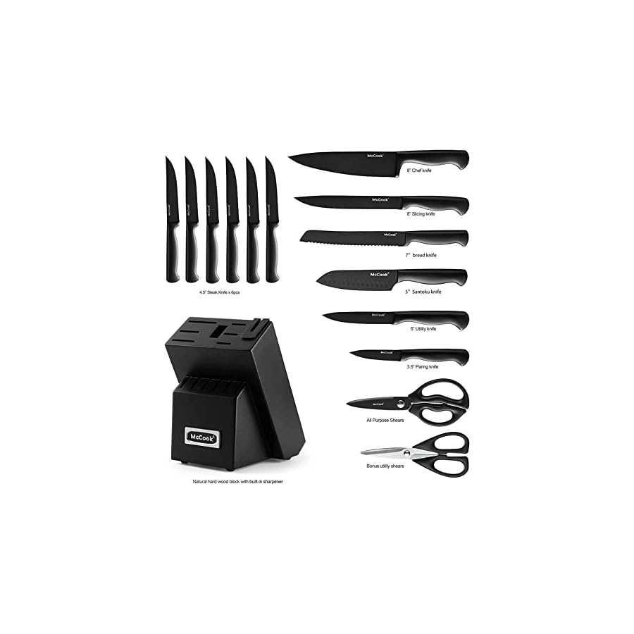 McCook® Knife Sets,German Stainless Steel Knife Block Sets with Built-in Sharpener, Black