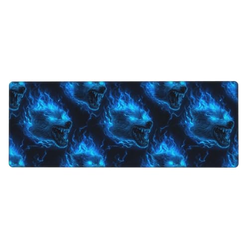 Grand tapis de souris de jeu loup en flamme bleue pour PC