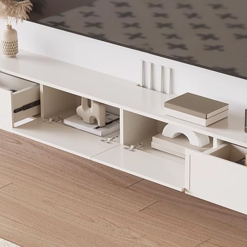 Mobile TV sospeso moderno da 55 pollici, supporto multimediale da parete con cassetti, 200 cm, in legno massello, elegante finitura nera, ideale per l'arredamento del soggiorno
