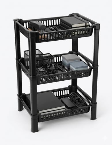 Image of U-Max Multi Tire Kitchen Storage Rack, Plastic Utility Shelf Organiser, Space Saving Storage Solution, Revolving Vegetable Rack (Black, 3)