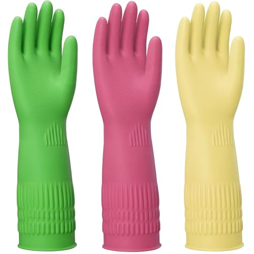 ccebwyny Rubber Gloves for Cleaning 3 Pairs Reusable Gloves for Dishwashing Kitchen and Household Tasks 15-Inch Long (Regular Style Large (Fits Medium Hands))