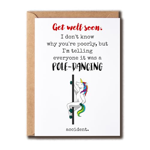 VKNDesigns Funny Get Well Soon Cards for Men Women - Pole-Dancing Accident Card - Humor Speedy Surgery Recovery Card - Happy Encouragement Card, White