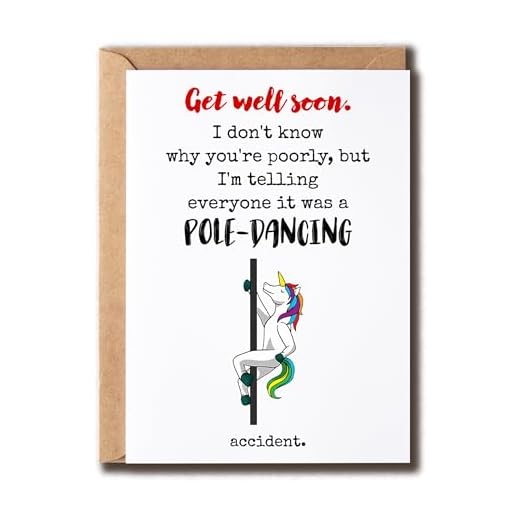 VKNDesigns Funny Get Well Soon Cards for Men Women - Pole-Dancing Accident Card - Humor Speedy Surgery Recovery Card - Happy Encouragement Card, White