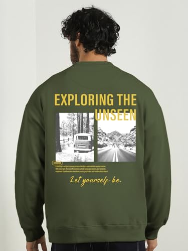 Image of Nobero Men's Graphic Printed Oversized Sweatshirt | Cotton Rich Fleece Round Neck Pullover | Relaxed Fit Casual Winter Wear for Men