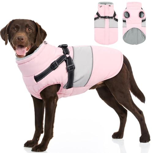 Image of Dog Coat for Large Dogs, Warm Pet Jacket Winter with Harness Built in, Waterproof Pet Snow Jacket with Furry Collar, Reflective Fleece Snowsuit for Extra Large Dogs, Pink XL