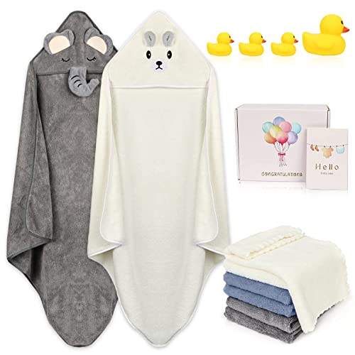 Image of PataStar Baby Hooded Bath Towels 2 Pack with 6 Washcloths, 14-Piece Ultra Soft Baby Stuff for Newborn Boys and Girls, Baby Shower Towel Gift for Infant and Toddler (Bear, Elephant)