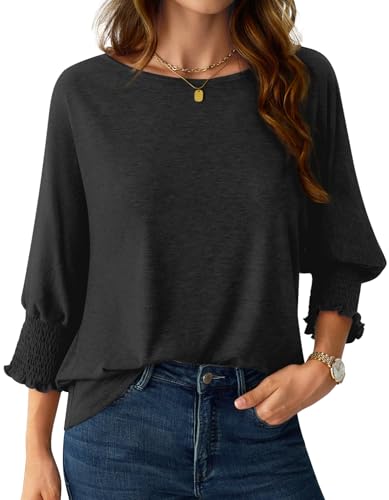 NORACORA Women's 3/4 Sleeve Tops Loose Fit Dressy Casual T Shirts for Women Basic Tees Blouses with Smocked Cuffs