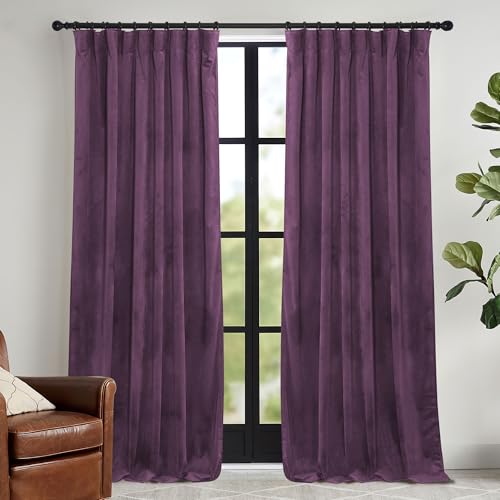 Image of RYB HOME Purple Velvet Blackout Curtains 84 inches for Bedroom Living Room | Thermal Insulated, Room Darkening, Super Soft Velvet, Drapes with Pleat Tape, Dining Room Home Theater, W52 x L84, 2 Panels
