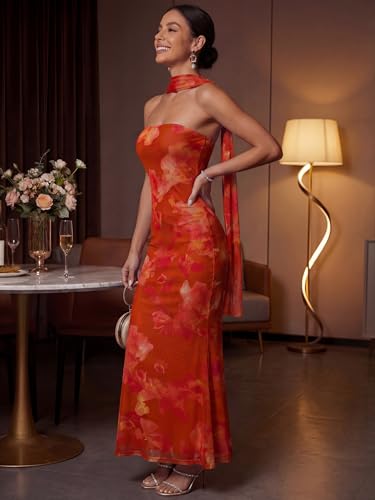 Image of LUXVEER Women's Strapless Tube Dress Mesh Floral Summer Bodycon Long Maxi Cocktail Party Wedding Guest Dresses with Scarf