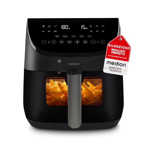 MEDION X20 XL Friggitrice ad aria (6,6 L, 5 programmi carne con sonda termica, motore DC silenzioso da 1.700 W, 10 programmi, ILAG senza PFAS)