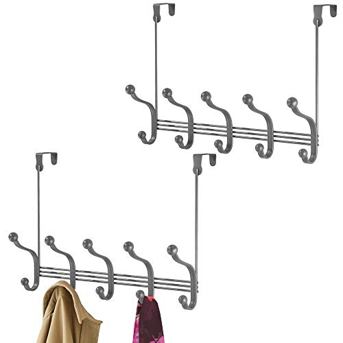 mDesign Decorative Over Door 10 Hook Metal Storage Organizer Rack for Coats, Hoodies, Hats, Scarves, Purses, Leashes, Bath Towels, Robes, Men and Womens Clothing - 2 Pack - Graphite Gray
