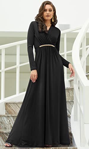 Koh Koh Womens Long Sleeve Sleeves Kaftan V-Neck Flowy Formal Wedding Guest Fall Winter Evening Day Empire Waist Abaya Muslim Gown Gowns Maxi Dress Dresses, Black L 12-14 #TOP2