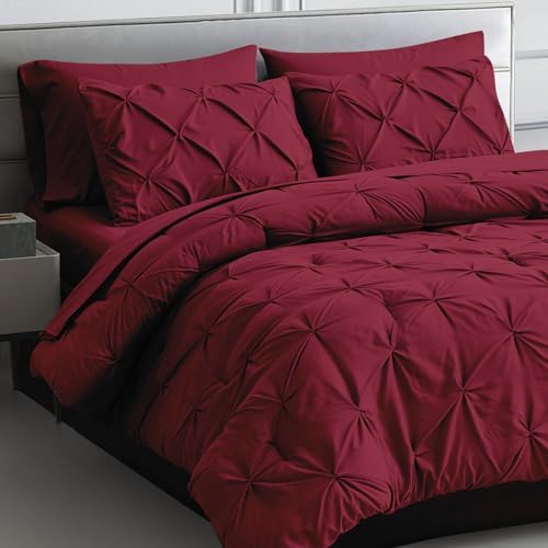 Maple&Stone Queen Comforter Set 7 Pieces Pinch Pleat Bed in A Bag, Grey Pintuck with Comforter Sheets Pillowcases & Shams, Bedding Comforter Sets for Queen Size Bed 88x88 inches