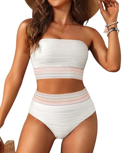 Image of High Waisted Bandeau Bikini Set - Women Strapless Two Piece Swimsuits Ribbed Longline Full Coverage Bathing Suits Swimwear