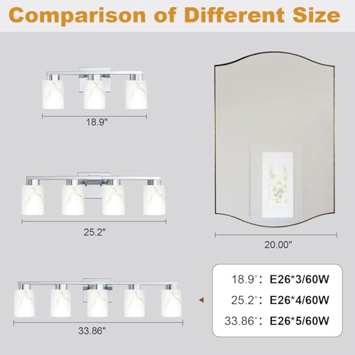 Image of 3-Light Bathroom Light Fixtures, Modern Vanity Lights, Chrome Metal Wall Lamp with White Marble Glass for Bathroom, Mirror, Living Room, Bedroom, Cabinet, Porch, Hallway, E26 Base