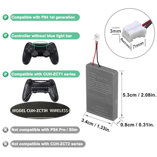 Image of OSTENT 1000mAh 3.65V 3.7Wh Rechargeable Li-ion Battery Pack Replacement for Sony PS4 Original CUH-ZCT1 Series Bluetooth Wireless Dual Shock Controller First Generation Old Version Big Connector