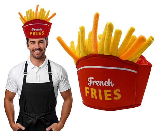Nicky Bigs Novelties French Fries Hat Funny Fast Food Costume Hat for Adults Red Yellow Fry Box Party Cap for Men Women Novelty Headwear for Halloween Events Carnivals