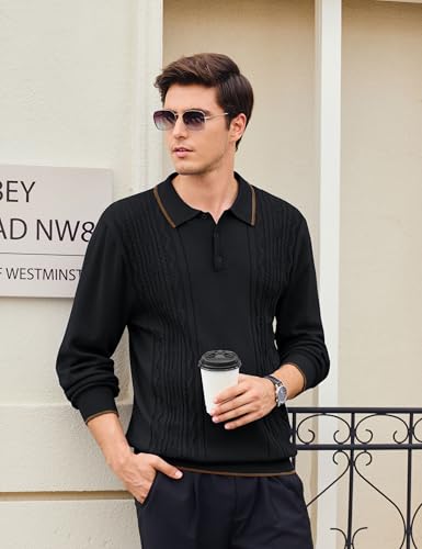 Cotrasen Mens Knit Polo Sweater Long Sleeve Textured Casual Collared Button Sweater Ribbed Lightweight4