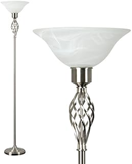 MiniSun Traditional Style Satin Nickel Barley Twist Floor Lamp with a Frosted Alabaster Shade