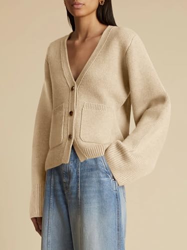 Image of Saodimallsu Womens Button Down Cardigan Sweaters Cropped Deep V Neck Open Front Long Sleeve Fall Knit Sweater Coats Apricot, Small