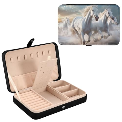 Haskirky White Horses Jewelry Box Portable PU Leather Travel Jewelry Organize for Women Jewelry Storage Display Holder for Ring, Necklace, Earring