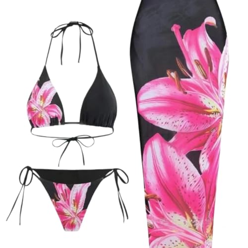 XHZPF Conjunto de Bikini Floral para Mujer con Falda Larga de Tapa, bañador para Playa(Negro,as4,Numeric_go,m,Regular,Regular)