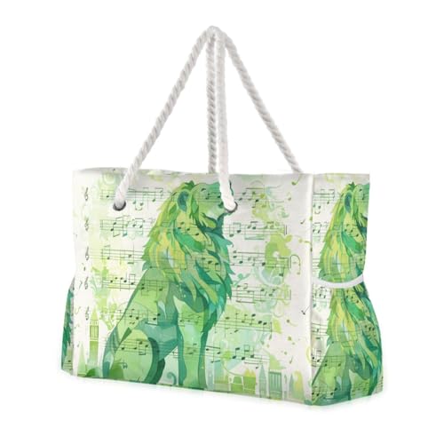 Sage Green Lion Music Notes Sheet Music Illustration Art Sturdy Travel Duffel Bag Tote with side pocketes Tote Bag Large Perfect for Travel Pool Swim Beach Vacation Necessities