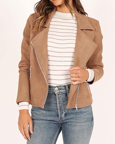 KIRUNDO Womens Faux Suede Jacket 2024 Fall Winter Clothes Casual Zipper Cropped Coat Bomber Biker Moto Jackets Outwear3