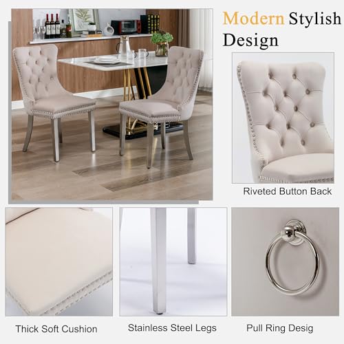 Image of Faux Marble Dining Table Set for 6, Extendable Kitchen Table Set for 6 | 63-78.74 inch White Expandable Table, 6 Beige Velvet Chairs, Modern Extendable Dining Table Set for Living Room Kitchen Apartment
