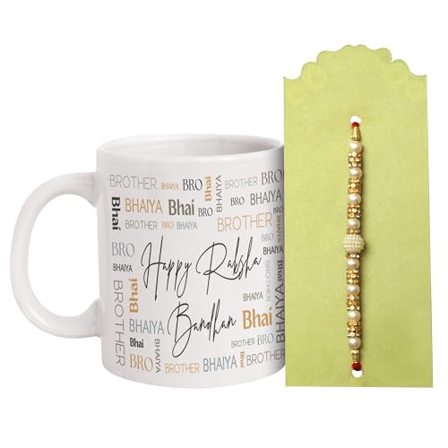 TIED RIBBONS Rakhi for Brother with Gift | Ceramic Coffee Mug (10 Oz) | Mini Card | Roli Tikka - Designer Rakhi for Bhaiya | Raksha Bandhan Bracelet for Brother Gift