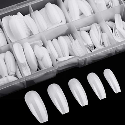 600 Ballerina False Nails Coffin Fake Nails Full Cover Length Artificial Fingernails Tip with Case for Nail Salons and DIY Nail Art, 10 Sizes (White)