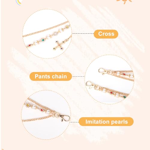 Gold Chain for Pants, Fashionable Double Layer Pants Chain Pearl Rhinestones Cross Hip Hop Pocket Belt Accessory Jeans Jewelry keychain Wallet for Men Women - Thumbnail 5