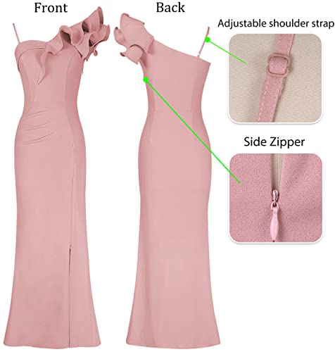 Image of VFSHOW Womens Ruffle One Shoulder Strap Ruched Formal Prom Wedding Maxi Dress V Neck Elegant Split Cocktail Evening Long Gown
