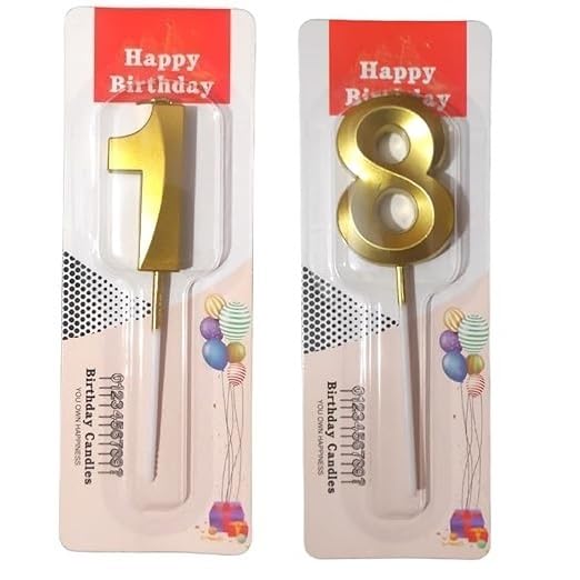 Image of ToyUniverse Number 18 Gold Candle | Eighteen Metallic Gold Candle for Eighteenth Birthday, Anniversary, Surprise Party Cake Decoration (Pack of 2)