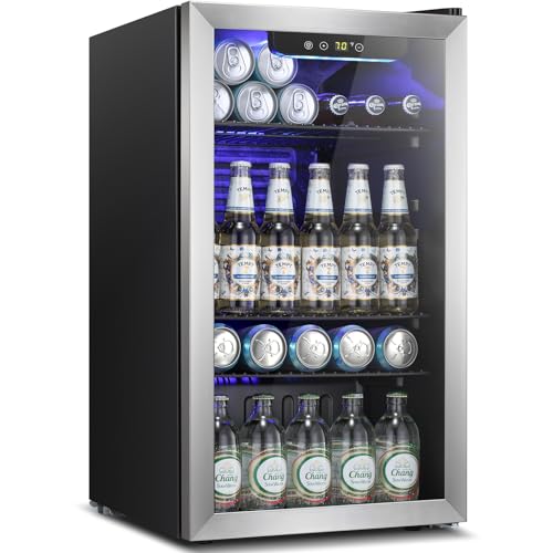 Kismile 3.2 Cu.ft Beverage Refrigerator and Cooler,130 Can Mini Fridge Glass Door,Digital Temperature Display for Soda, Beer or Wine, Small Drink Dispenser Cooler for Home, Office or Bar(Silver)