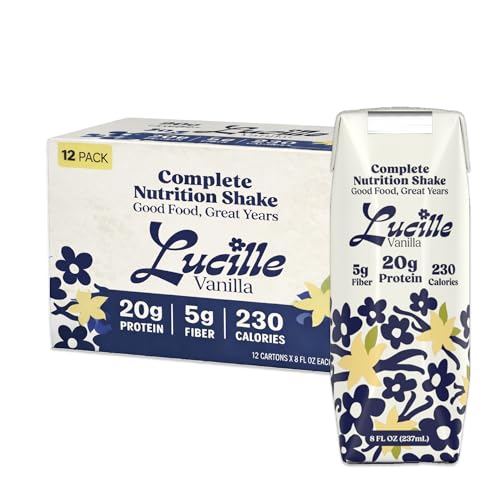 Lucille Complete Nutrition Meal Replacement Shake | Vanilla | 230 Cal, 20g Protein & 5g Fiber | Lactose Free, Gluten Free, No Soy or Seed Oils | Ready to Drink Shake for Adults & Seniors | 8 oz, 12 Pack