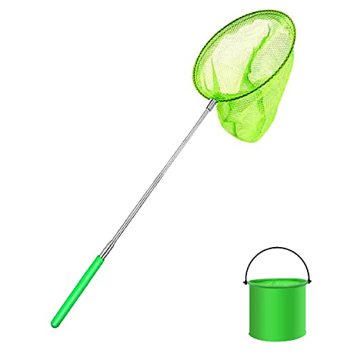 1 Pack Kids Telescopic Butterfly Net Fishing Net Pond Net Extendable (14.5 to 33.8 Inches) With 1 Pack Folding Bucketfor Kids Catching Bugs Insect Small Fish Outdoor Beach Garden Activities (Green)