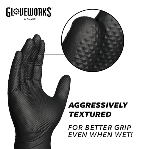 GLOVEWORKS HD Black Nitrile Industrial Disposable Gloves, 6 Mil, Latex-Free, Raised Diamond Texture, Large, Box of 100 - Thumbnail 4