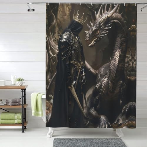 Duschvorhang aus Stoff, für Badezimmer, 152,4 x 182,9 cm, Verdunkelungsvorhang, mittelalterlicher Ritter & Drache, Duschvorhang mit Haken