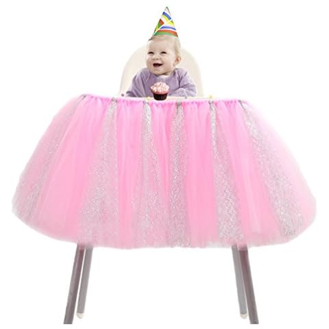 Ketamyy Net Yarn Tutu Chair Skirt 1St Baby Birthday Party Decorations Highchair Skirt Pink+Silver 91.5CM*35CM Cover